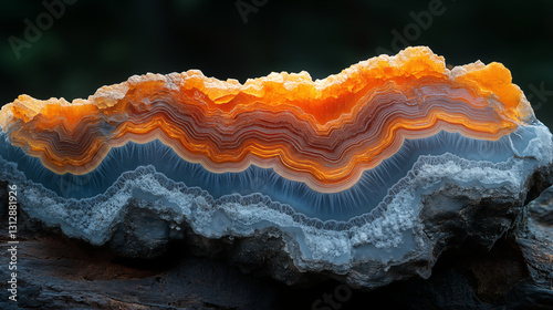 Agate crystal slice with vibrant orange and blue layers showing natural geological formations. Concept of gemstone, mineral collection, and earth science for geology and interior decor