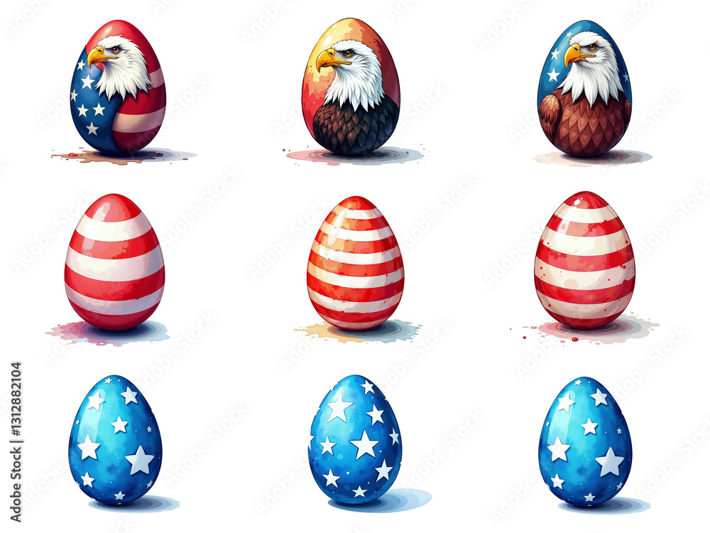 Fototapeta premium Patriotic Easter Eggs Mockup – High-Quality Editable Template with USA Flag Colors and Bald Eagle Illustration on Transparent Background for Easter Decorations, Holiday Designs, and Print Projects