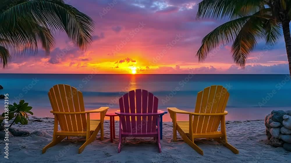 Colorful beach chairs at sunset on tropical beach Colorful beach chairs at sunset on tropical beach