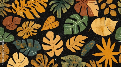 Dark background with various autumnal-colored leaves in a repeating pattern