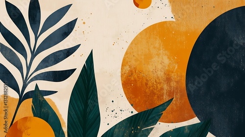 Abstract art featuring stylized leaves and textured circles in earthy tones