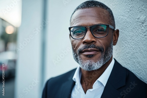 A handsome African American man with a smile is wearing a stylish formal suit outside