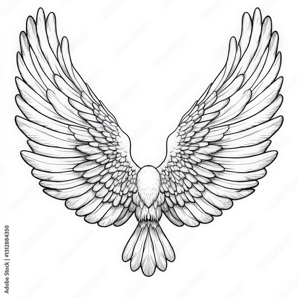 Fototapeta premium Minimalistic black and white wings drawing, bold outline, isolated clipart.
