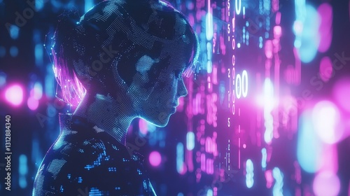 Wallpaper Mural Close-up of AI-driven financial algorithms visualized as holographic charts, vibrant blue and purple tones, double exposure of human silhouette with financial symbols, futuristic Torontodigital.ca