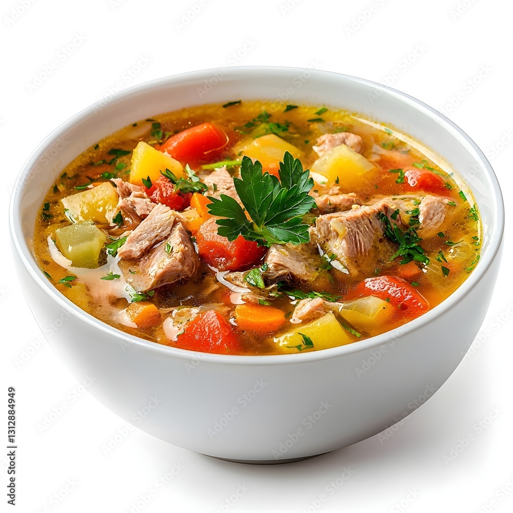 Hearty Meat Soup with Vegetables, Side View, Isolated on White Background Hearty Meat Soup with Vegetables, Side View, Isolated on White Background