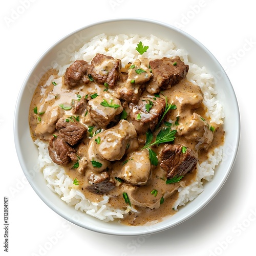Creamy Beef Stroganoff with Rice, Close-Up View, Isolated on White Background