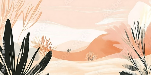Serene desert landscape with minimalist plants. Calm sunset hues