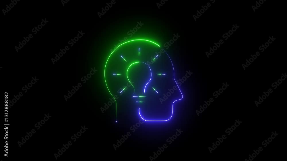 abstract neon head and bulb icon animation black background . A glowing light bulb that have a glowing human brain inside. abstract neon head and bulb icon animation black background . A glowing light bulb that have a glowing human brain inside.