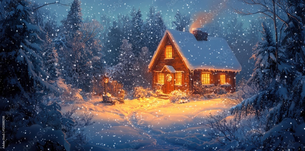 Fototapeta premium A cozy cottage nestled in a snow covered winter wonderland scene