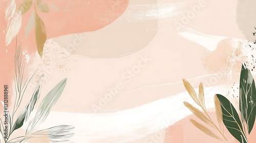 Abstract art with peach and beige tones, featuring stylized leaves and organic shapes