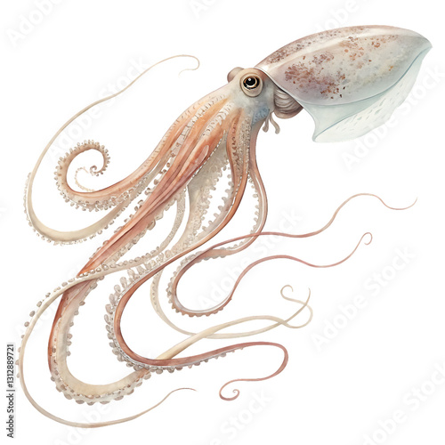 Detailed Illustration of a Beautiful Squid against a White Background
