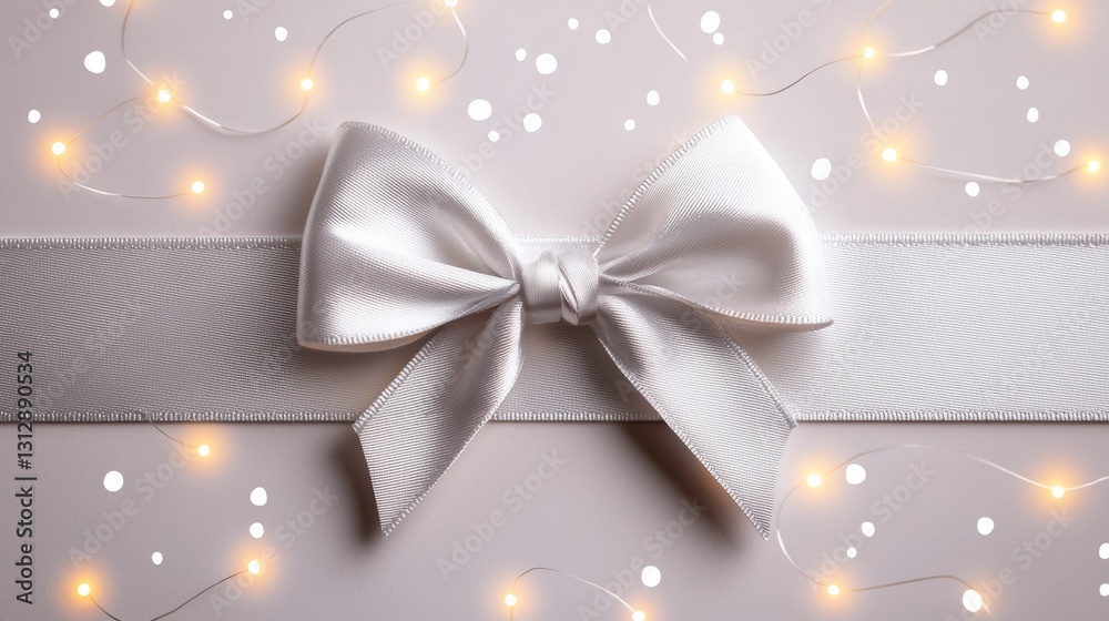 Elegant silver bow with a soft focus effect, surrounded by faint festive lights, perfect for gift tags or digital designs