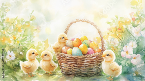 Adorable baby chicks gathered around a rustic wicker basket overflowing with vibrant Easter eggs. Set in a blooming spring garden.