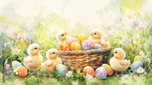 Cute baby chicks gathered around a wicker basket overflowing with vibrant Easter eggs and flowers. Set in a blooming spring garden.