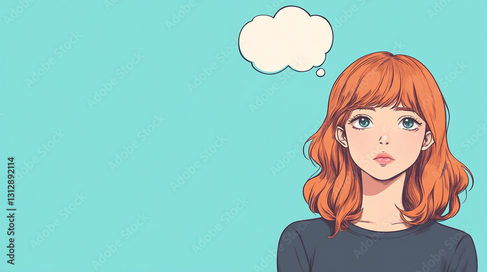 Japanese anime or manga style illustration of a teenager girl thinking with an empty speech bubble
