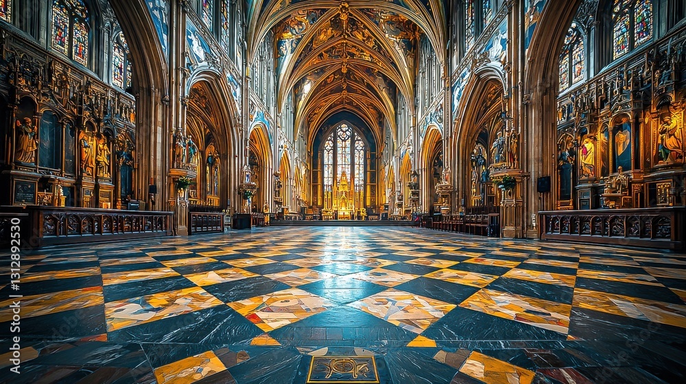 Obraz premium Stunning interior of Westminster Abbey in London showcasing ancient architecture art with magnificent arches and an elegant altar capturing the essence of history and beauty.