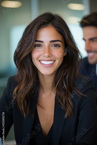 A young, cheerful mixed-race woman is shown in a vertical shot, working on her laptop in a modern office setting while conversing and smiling with a coworker