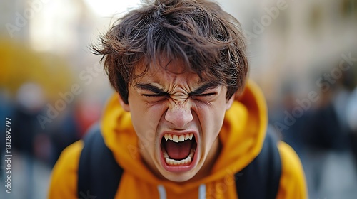 A Young Person In Bright Jacket Expressing Strong Emotion Outdoors.