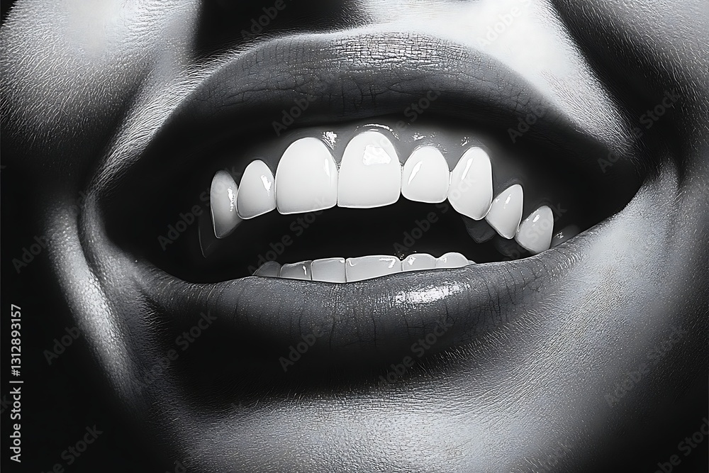 Naklejka premium Close Up Black And White Portrait Of A Wide Smiling Mouth Showing Bright White Teeth With Healthy