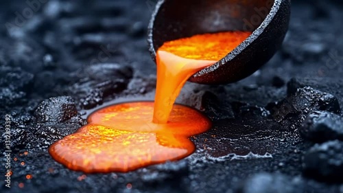 Molten metal pouring onto dark rock substrate