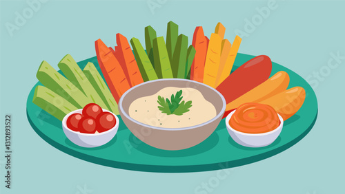 This vegan snack platter features a medley of crispy crudité including carrot sticks cherry tomatoes and cucumber slices alongside an assortment of. Vector illustration
