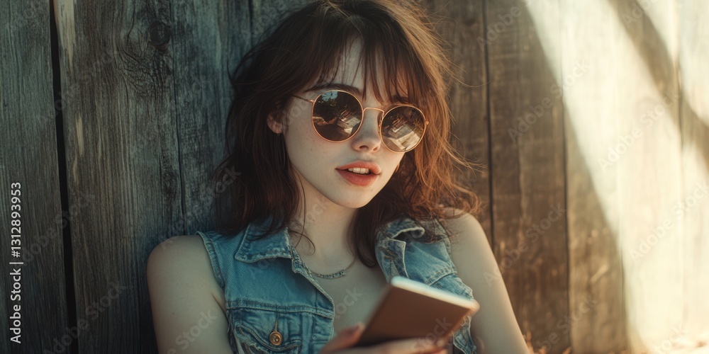 Fototapeta premium A woman in sunglasses leans against a wooden wall with a phone