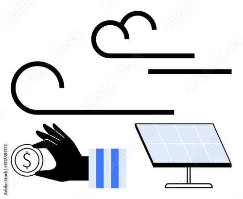 Minimalistic design with solar panel, abstract wind lines, and hand holding coin. Ideal for sustainability, renewable energy, clean technology, green economy, eco-conscious living, financial growth