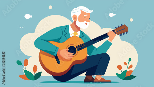An older man picks up a guitar and starts strumming singing old folk songs and bringing back memories of his younger days performing in a band.. Vector illustration