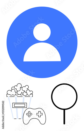 Blue profile icon above popcorn container, game controller, and magnifying glass. Ideal for entertainment, gaming, search, user interface, movie night, leisure activity flat simple metaphor