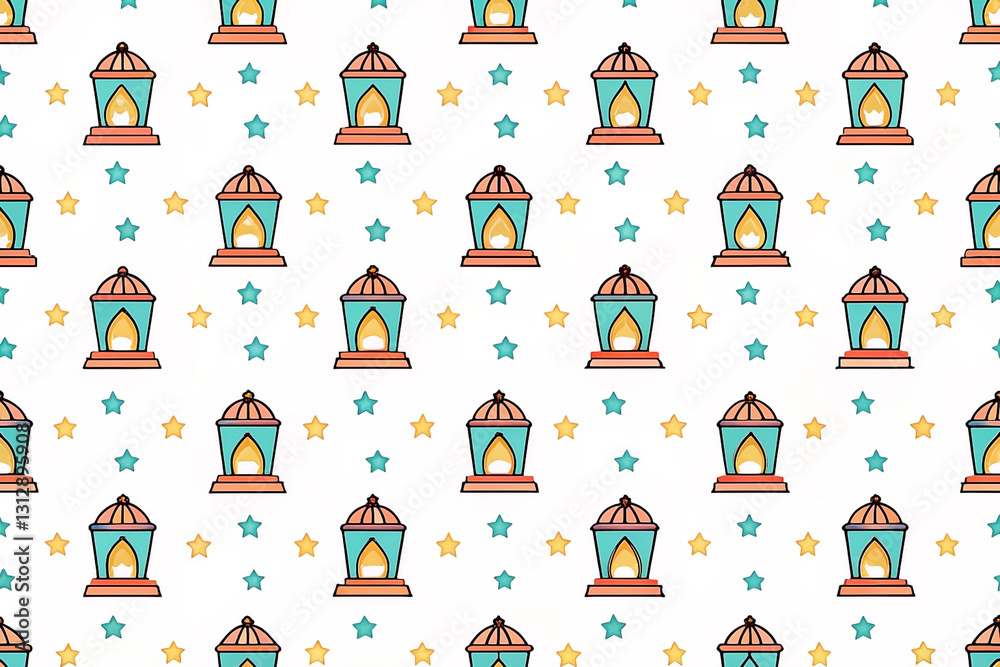 Seamless pattern of teal and orange lanterns and stars on white background. Seamless pattern of teal and orange lanterns and stars on white background.