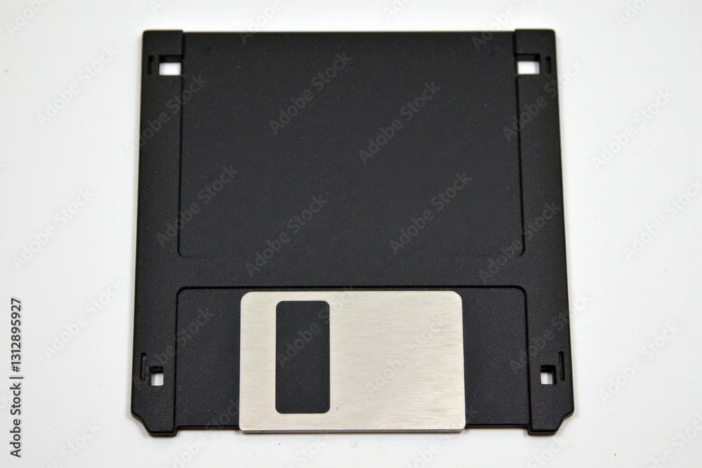 An Old-School 3.5-Inch Floppy Disk, Black Color with Metallic Silver Sliding Cover - A Nostalgic Symbol of Early Computer Technology and Data Storage