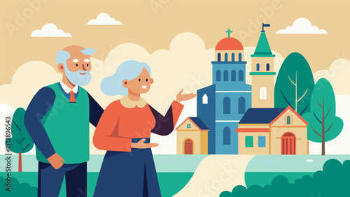 An older couple takes a walk around their neighborhood pointing out familiar landmarks and reminiscing about how much has changed.. Vector illustration