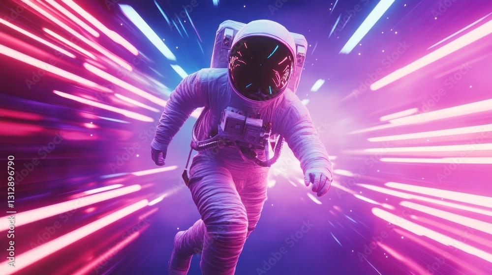 An astronaut running through a vibrant, futuristic space scene with colorful light effects. An astronaut running through a vibrant, futuristic space scene with colorful light effects.