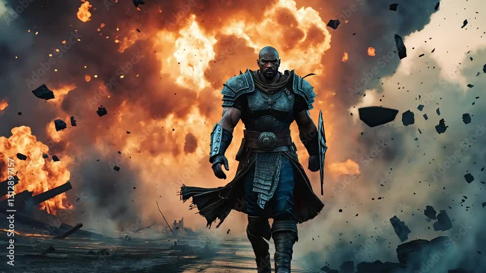 Armored warrior walking through an intense battlefield explosion with debris flying in all directions
