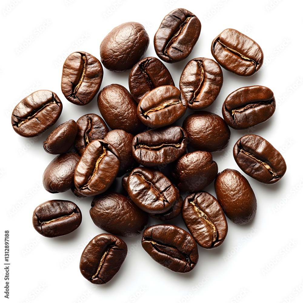 Obraz premium Roasted Coffee Beans: A close-up overhead shot showcases a collection of rich, roasted coffee beans, each bearing unique textures and subtle variations in shade.