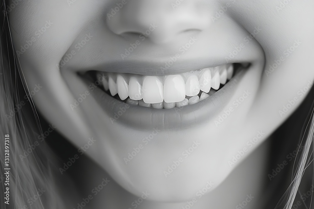 Obraz premium Closeup Monochrome Portrait Of A Young Person Smiling, Showing Healthy Teeth In White Color. 