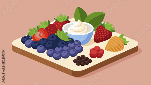 Satisfy your sweet tooth with the Summer Berry Snack Board showcasing a variety of inseason berries including plump blueberries ruby red strawberries. Vector illustration