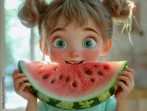 Young girl playfully spitting watermelon seeds in a funny hoyden moment enjoying juicy fruit and refreshing water from the melon showcasing her delightful personality