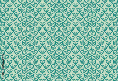 Classic seashell vector design with intricate details in stunning light green and warm green. Ideal for vintage themed designs, home decor, as a background and elegant seamless pattern.