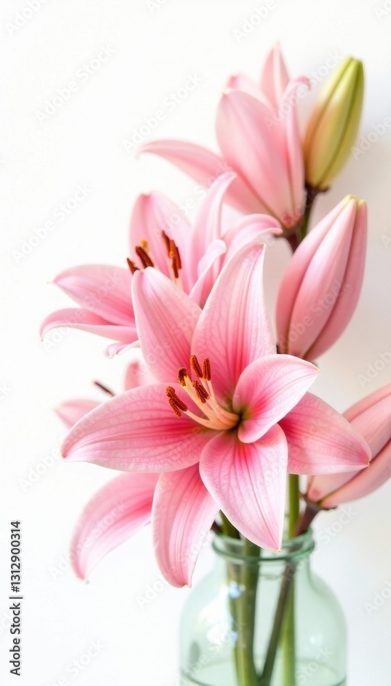 Fototapeta premium Elegant pink lily bouquet, pristine white background Ideal for cards , greeting card, stem, design element