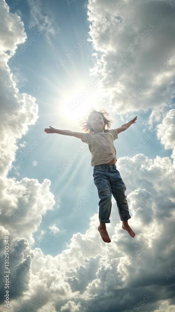 Happy Child Being Lifted Into the Air Against a Bright Sky Happy Child Being Lifted Into the Air Against a Bright Sky