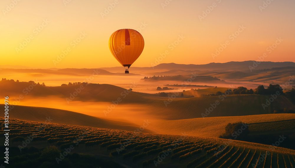 Heißluftballon schwebt über neblige Weinlandschaft bei Sonnenaufgang
Heißluftballon schwebt über neblige Weinlandschaft bei Sonnenaufgang