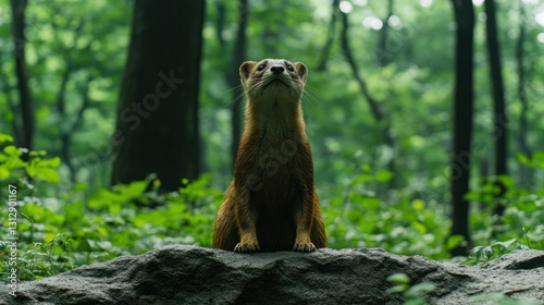 Forest weasel perched on rock, looking up