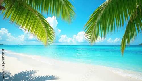 Turquoise water laps white sand; palm fronds sway in breeze , texture, sand, sunny