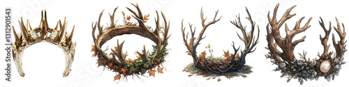 Fantasy Antler Crowns Set, Woodland and Tribal Headpiece Collection, Mystical Nature Accessories – Isolated on Transparent Background
