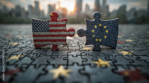 Two puzzle pieces displaying the US and EU flags fitting together against a blurred city background. This image symbolizes transatlantic cooperation, international diplomacy, trade relations