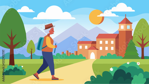 On a sunny afternoon a baby boomer enjoys a leisurely stroll around campus taking in the beautiful scenery and relishing in the peaceful atmosphere.. Vector illustration