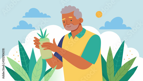 An elderly man gently rubbing aloe vera gel onto his hands after a long day of gardening finding relief from the sun with his homegrown plant.. Vector illustration