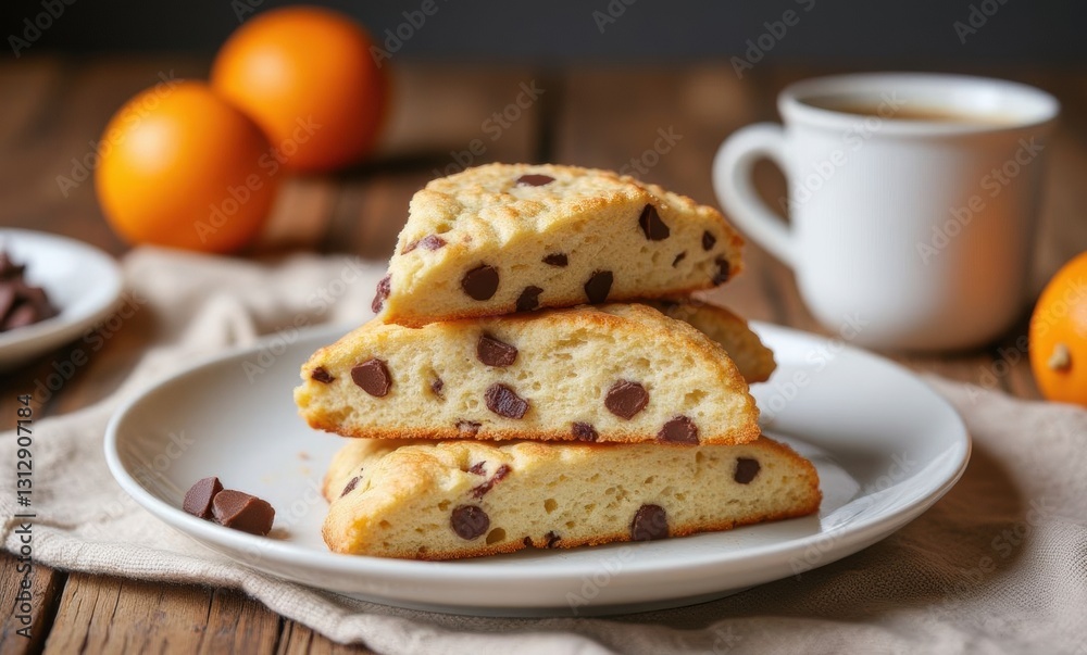 Delicious chocolate chip scones stacked Delicious chocolate chip scones stacked