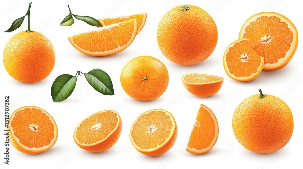 Fresh oranges, various slices, isolated on white. Possible use Food photography, nutrition, healthy eating Fresh oranges, various slices, isolated on white. Possible use Food photography, nutrition, healthy eating